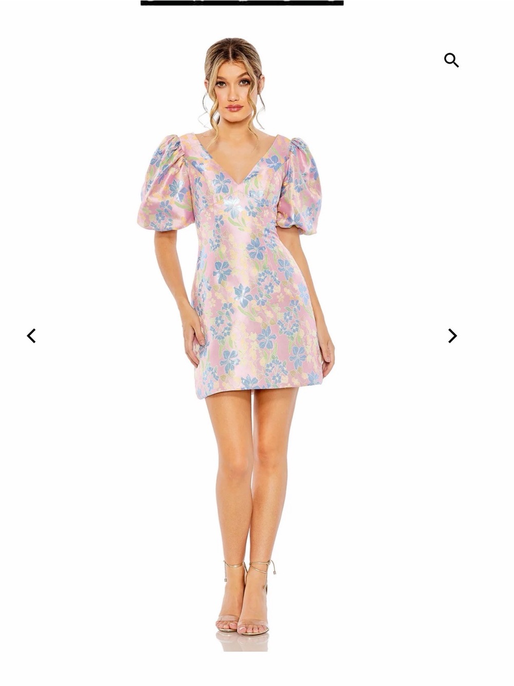 Mac Duggal Pastel Pink and Blue Floral Puff-Sleeve Mini Dress